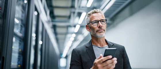 Focused mature male IT security manager reviewing alerts on smartphone inside modern data center. Confident professional standing in server corridor, cybersecurity and enterprise IT services banner