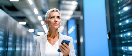 Thoughtful European female cloud consultant in her early 40s walking through server room holding smartphone. Professional IT expert in light grey suit analyzing data,  portrait for SaaS. Banner