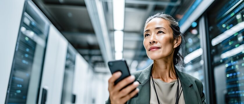 Focused Asian female network operations manager in her late 30s standing in data center holding smartphone. Professional woman in green blazer monitoring telecom systems, banner network service - Powered by Adobe