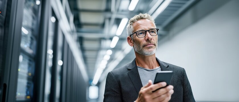 Focused mature male IT security manager reviewing alerts on smartphone inside modern data center. Confident professional standing in server corridor, cybersecurity and enterprise IT services banner - Powered by Adobe