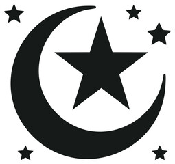 Fototapeta premium Crescent Moon and Star Symbol Icon Black Silhouette Isolated
