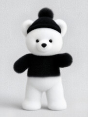Illustration bear character toy with winter knit outfit featuring soft plush texture, minimalist style, and cozy warm mood