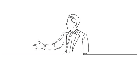 Continuous one line drawing of a businessman offering a handshake, greeting gesture on transparent background, Minimalist concept Vector illustration.