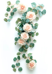 Composici&oacute;n floral plana (flat lay) con rosas de color melocot&oacute;n y ramas de eucalipto verde 