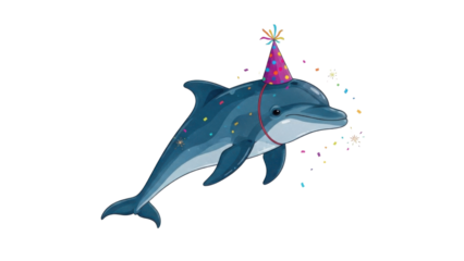 Cute cartoon dolphin wearing a colorful party hat isolated illustration isolated PNG with Transparent Background