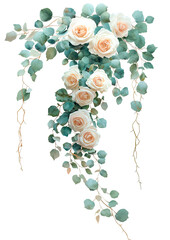 Composici&oacute;n floral plana (flat lay) con rosas de color melocot&oacute;n y ramas de eucalipto verde 