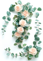 Composici&oacute;n floral plana (flat lay) con rosas de color melocot&oacute;n y ramas de eucalipto verde sobre fondo blanco aislado. Concepto para bodas, primavera y decoraci&oacute;n rom&aacute;ntica.