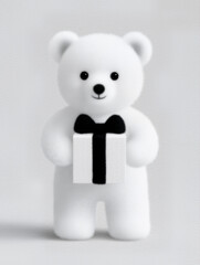 Illustration bear character toy holding gift box featuring soft plush texture, minimalist style, and warm celebratory mood