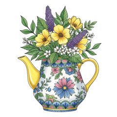Colorful teapot filled with vibrant flowers