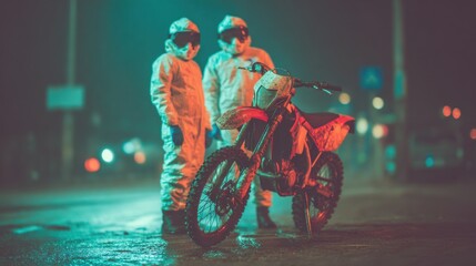 Two riders in rain gear stand by a dirt bike at night in a city street