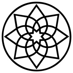 Black geometric ornamental starburst pattern within a circle monochromatic design