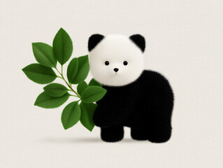Illustration bear character design with green leaves featuring soft plush texture, minimalist style, and fresh peaceful mood