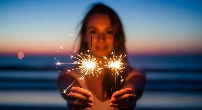 Joyful woman holding two sparkling firecrackers at sunset on the beach