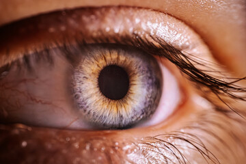 Close-up of a human eye showcasing intricate details of iris, pupil, and eyelashes, highlighting...
