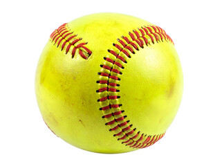 Bright yellow ball with red stitches on a black background