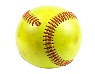 Bright yellow ball with red stitches on a black background