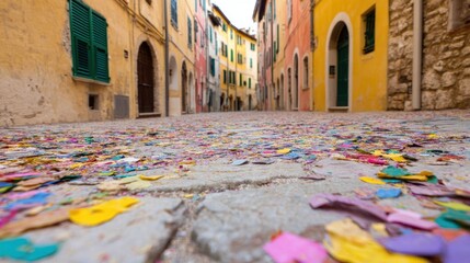 Colorful confetti covers the street in a historic town in Italy