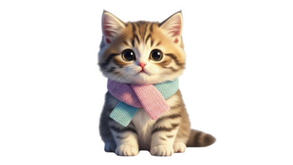 Adorable Kawaii Tabby Kitten Illustration wearing a Pink and Blue Winter Scarf isolated PNG with Transparent Background