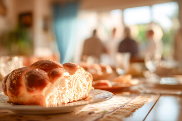 Fototapeta premium A warm, sunlit table scene featuring a freshly baked braided bread on a plate, with people softly blurred in the background, creating a cozy and inviting family atmosphere.