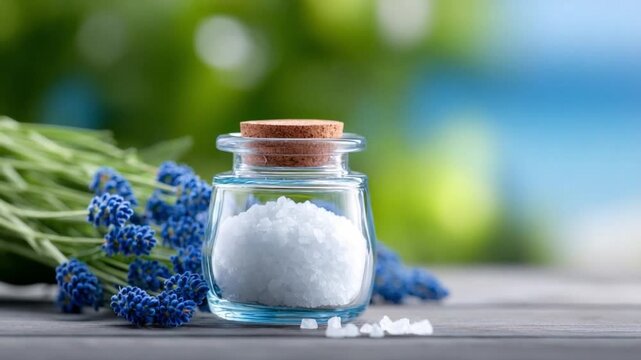 Aromatherapy Essence: A delicate glass jar, filled with pristine salt crystals, is nestled amidst fragrant lavender blossoms. This image evokes a sense of tranquility and holistic wellness.