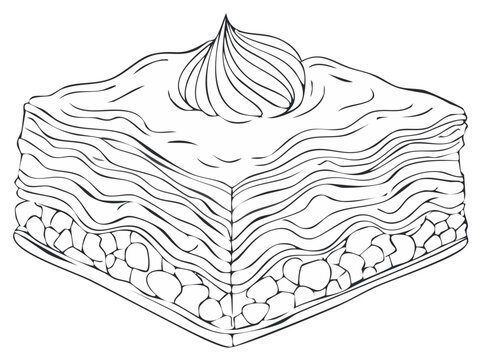 Hand drawn detailed sketch of Baklava dessert, a traditional Middle Eastern sweet made of pastry and chopped nuts, garnished with cream.