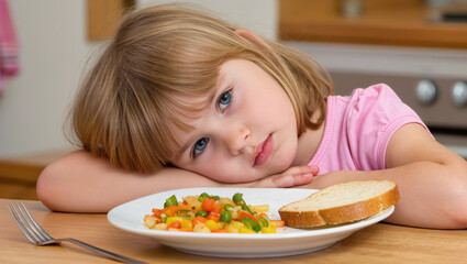 Sad little girl with no appetite resting her head on table near plate with vegetables and bread in kitchen interior