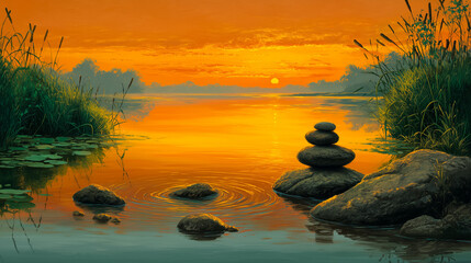 Vibrant Sunset Over Calm Water with Zen Stones