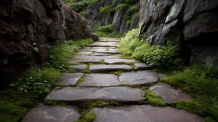 Obraz premium A serene stone pathway winds through a rocky moss covered gorge