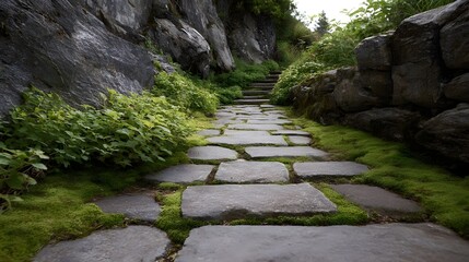 A stone pathway winds uphill through a lush moss covered garden with large rocks and greenery