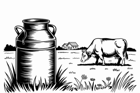 Cow with milk can drawing in black sketch style hand drawn farm animal illustration suitable for agriculture dairy concept vintage poster engraving design