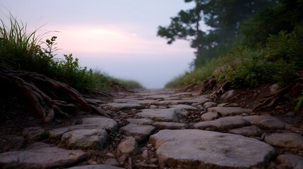 A stone pathway winds through nature at twilight shrouded in mist and lined with roots and grass