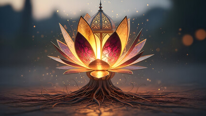 Cinematic surreal Ramadan lantern growing like a flower from the ground, glowing petals of light, symbolizing spiritual growth and hope during Ramadan.