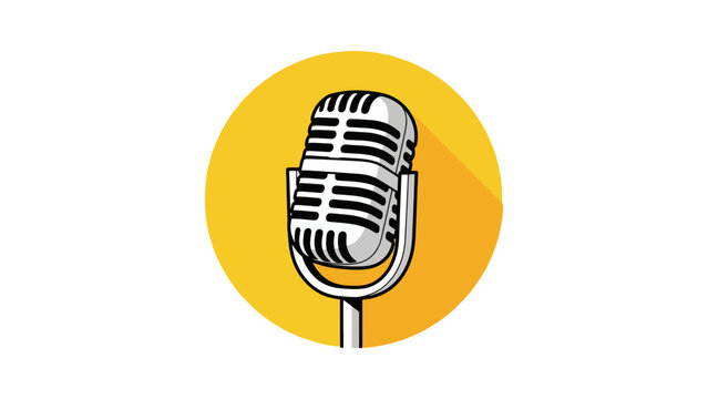 A vintage-style microphone is depicted against a bright yellow circular background, casting a long shadow.