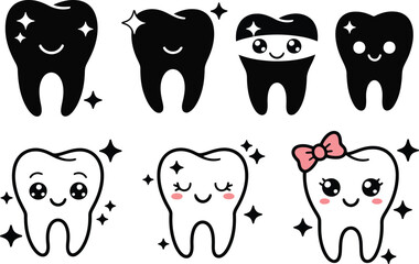 Cute cartoon teeth characters with sparkles and smiling faces