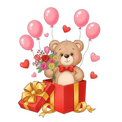 Teddy bear gift box with balloons