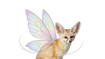 Magical Fennec Fox with large ears and shimmering iridescent fantasy fairy wings isolated PNG with Transparent Background
