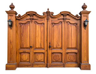 Ornate wooden double gates with lanterns and decorative accents