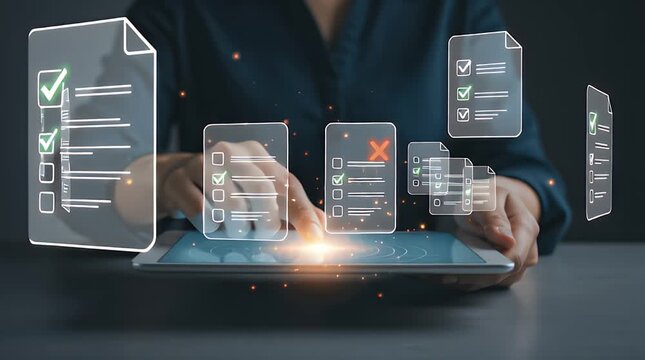 Hand interaction with digital checklist on tablet screen