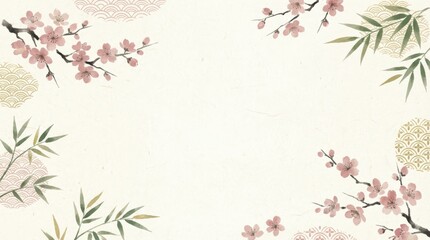 Admiring cherry blossoms and bamboo leaves tranquil japanese garden artistic illustration serene atmosphere beautiful view nature inspiration