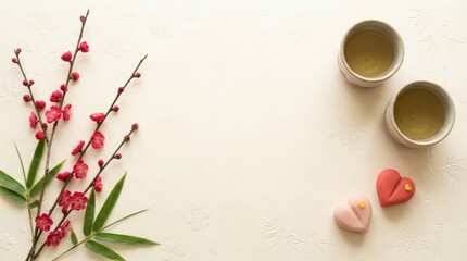 Enjoying tea and treats with sweet heart-shaped treats blossoming cherry branches serene asian-inspired setting tranquil atmosphere aesthetic still life view
