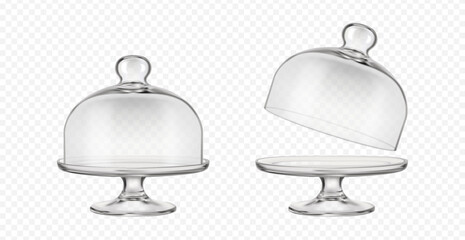 3d realistic vector icon illustration. Transparent glass cake stand cloche closed and opened on transparent background.