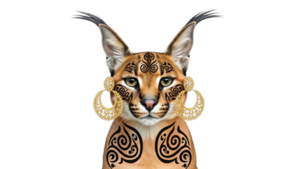 Stylized Caracal Wild Cat Portrait with Black Tribal Tattoos and Large Gold Crescent Earrings isolated PNG with Transparent Background