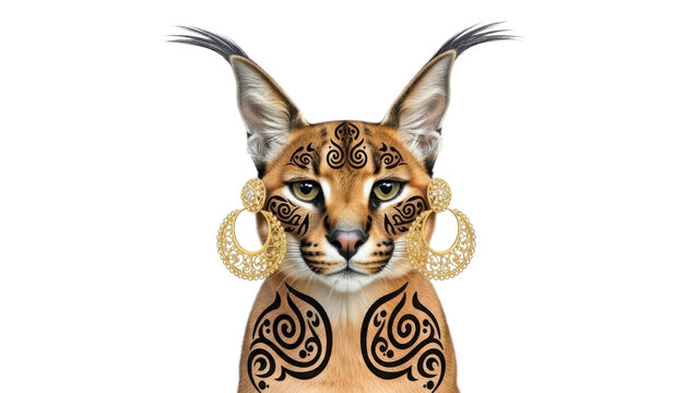Stylized Caracal Wild Cat Portrait with Black Tribal Tattoos and Large Gold Crescent Earrings isolated PNG with Transparent Background