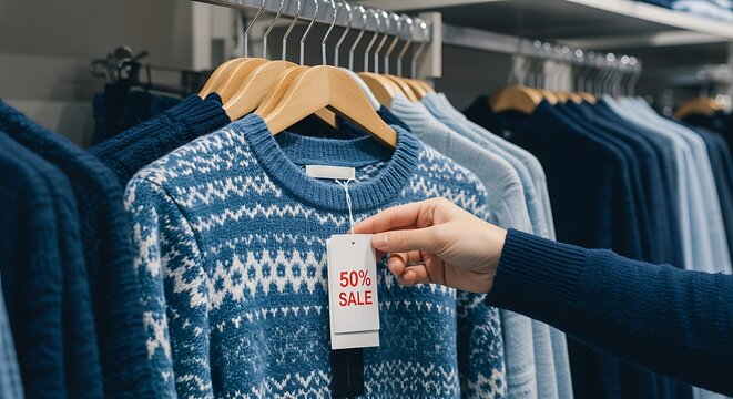 Winter apparel sale fifty percent off seasonal clothing display - Powered by Adobe