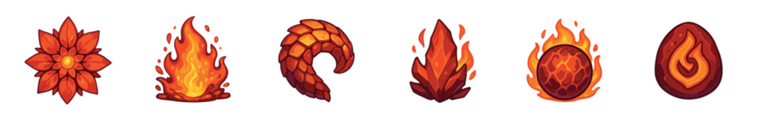 Fototapeta premium Fiery game elements collection featuring various magical fire, lava, and heat-themed assets for fantasy video games and digital projects.