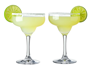 Two refreshing lime margaritas with salt rimmed glasses