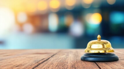 Reception bell sits on wooden counter in busy lobby during the day