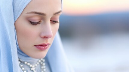 Fototapeta premium Woman in blue headscarf looks down at sunset in winter landscape with snow