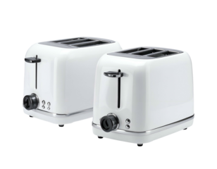 Two white retro-style toasters side-by-side