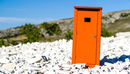 Orange cabinet amidst white rocks